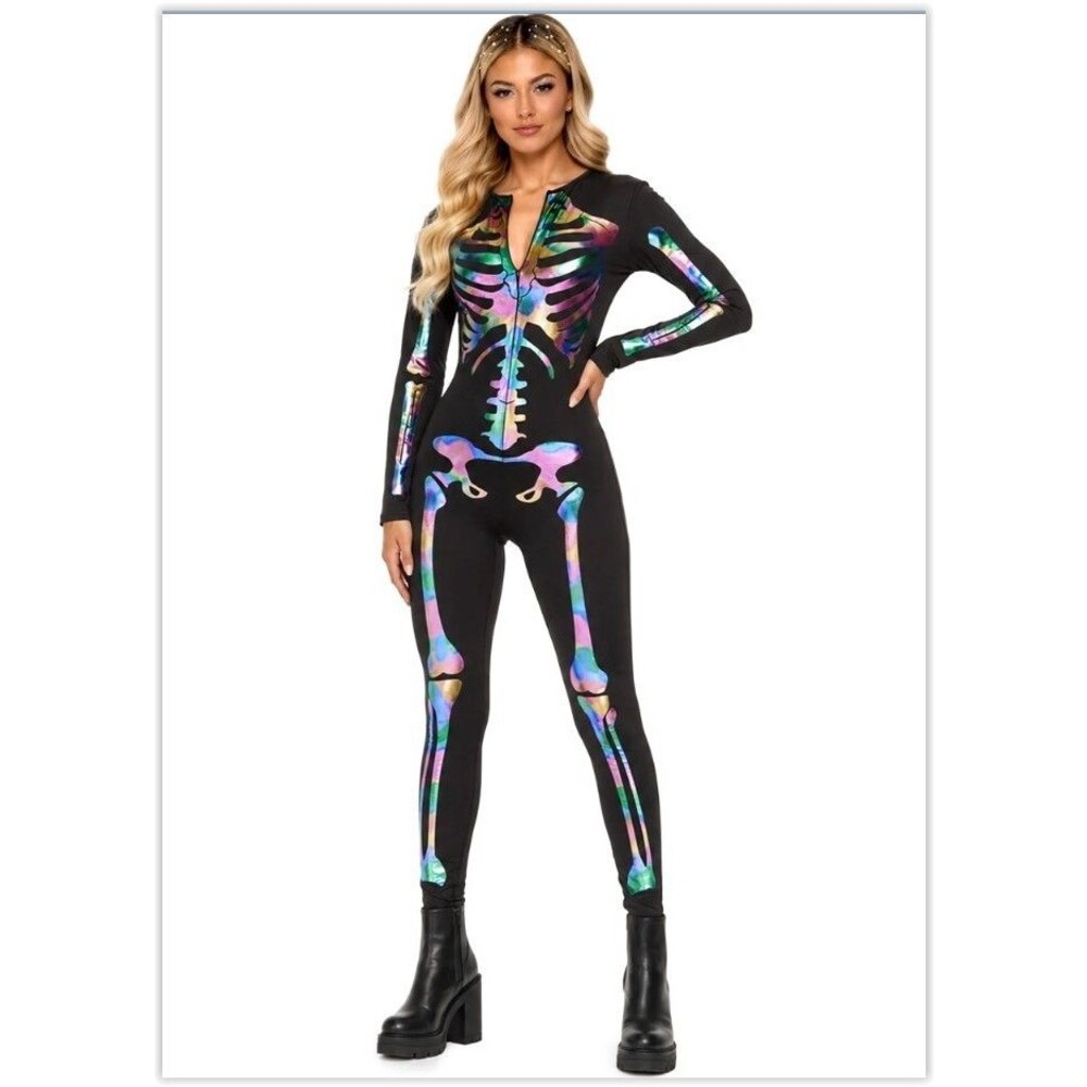 Women’s Slimming Iridescent Skeleton Bodysuit Costume Tipsy Elves XL NEW